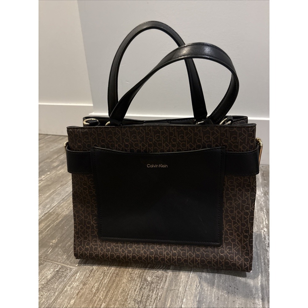 Calvin Klein CK Sophia Satchel Logomania Minimalist Mix Brown Black Purse Read